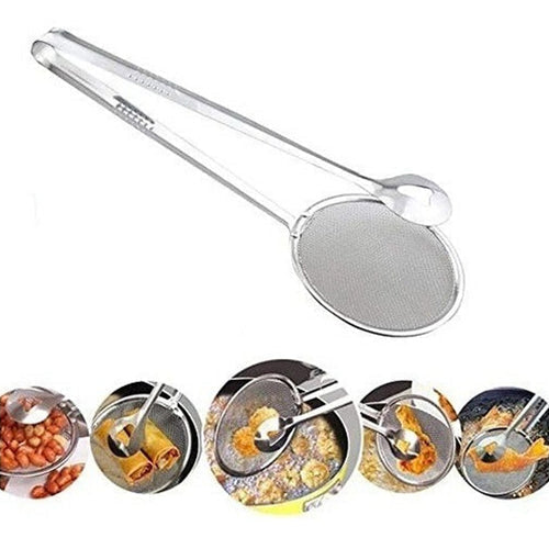 PINZA CUCHARA COLADOR PARA FREIR EN ACEITE CON PINZA SUJETADORA DE ACERO INOXIDABLE